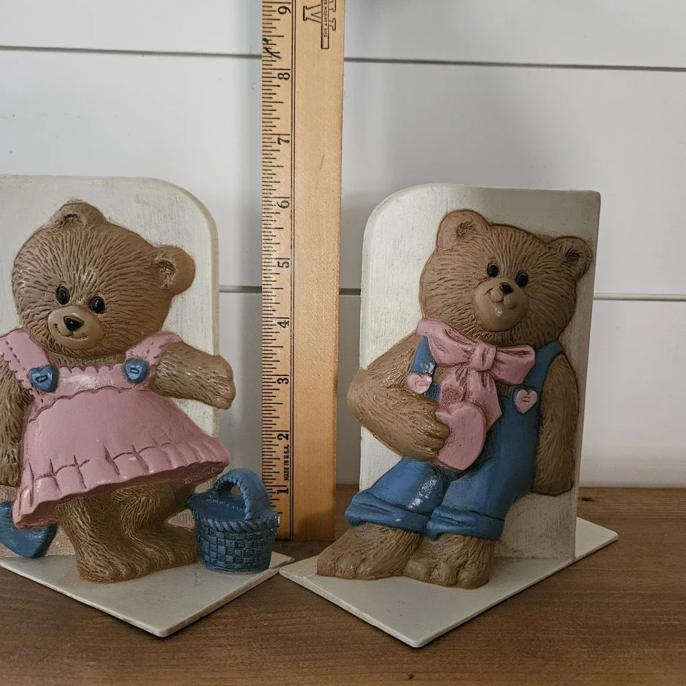 Vintage Burwood Teddy Bear Bookends Set Boy Girl Pink Blue 1991 Nursery‎ Decor